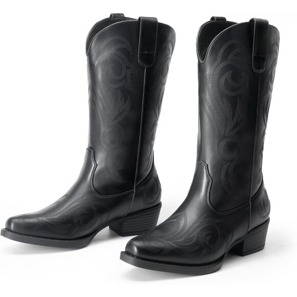 Dream Pairs Women's All Black Mid Calf Cowgirl Boot Square Toe Chunky Heel Shoes - Picture 3 of 7